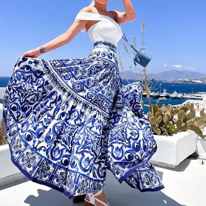 Femmes jupe jupes longues une ligne imprimé fleuri taille haute Y2k Streetwear Maxi décontracté ampl
