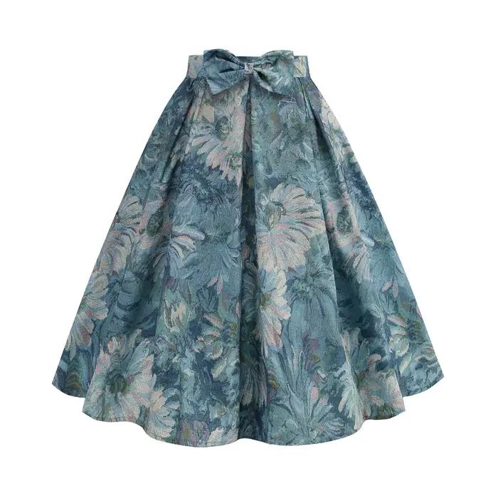 Jupes imprimées Vintage pour femmes, bas Streetwear avec nœud à la taille, grand ourlet pivotant, ta
