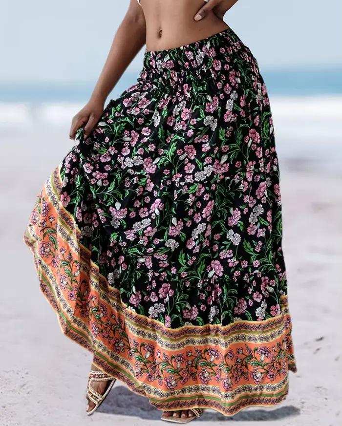 Jupe longue maxi à volants pour femme, imprimé floral bohème, taille haute, froncée, pour la plage e
