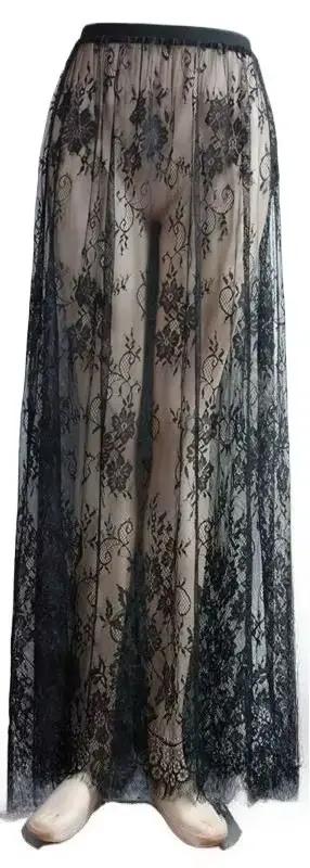 Y2K – jupe Maxi en dentelle noire pour femmes, Sexy, taille haute, évasée, longue, couleur unie, soi