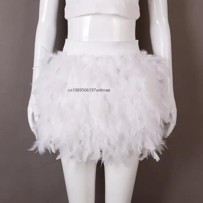 Mini-jupe en plumes moelleuses multicolores, taille haute élastique, pour carnaval, bal de promo, pe