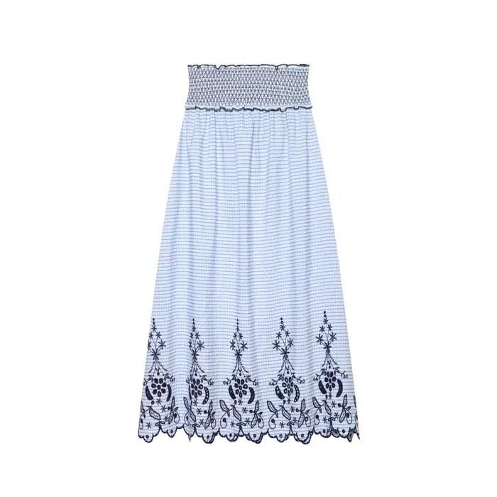 Jupe élégante bleue à carreaux pour femme, taille haute, broderie florale smockée, ourlet festonné, 