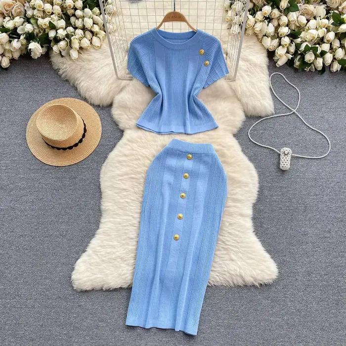 Ensemble jupe deux pièces pour femmes, robe, manches courtes, hauts tricotés, taille haute, jupes lo