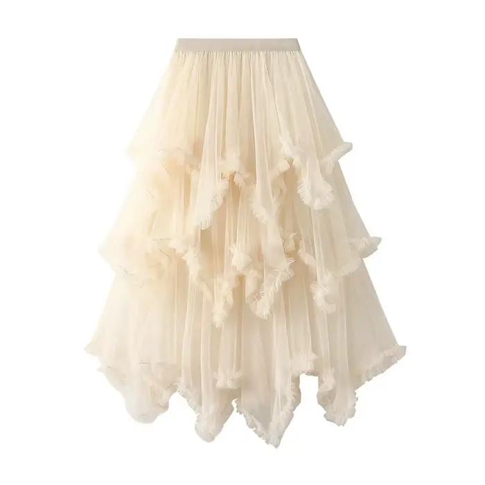 TISENA-Jupe Longue en Tulle pour Femme, Maille Irrégulière, Taille Haute, Maxi, Violet, Esthétique C