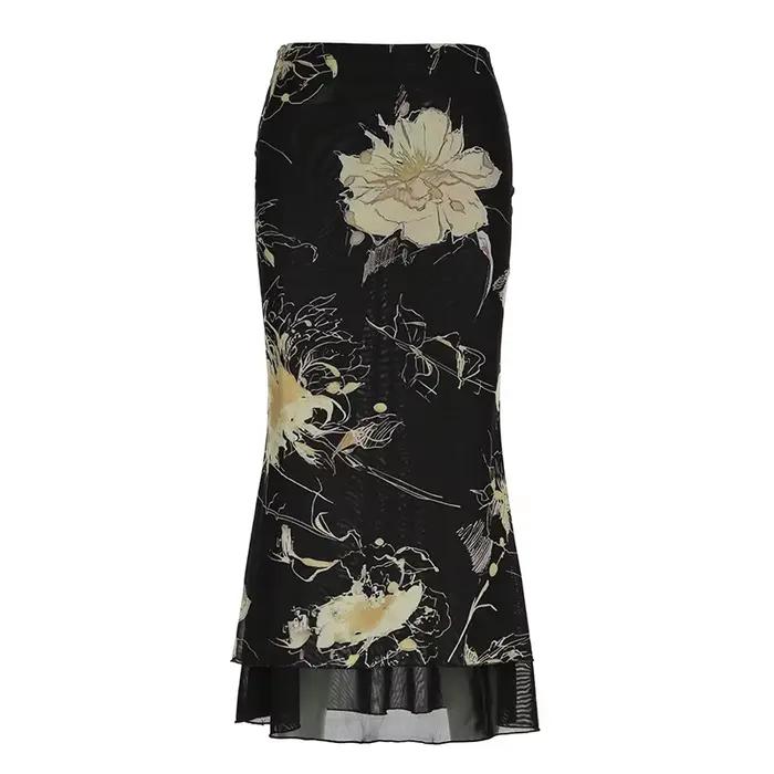 Jupe longue en maille Double couche, motif floral, esthétique noire, taille basse, hanche, été, Slim