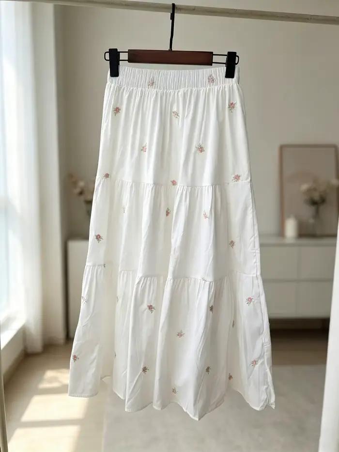 Jupes longues brodées florales pour femmes, taille haute, amples, élégantes, style vintage décontrac