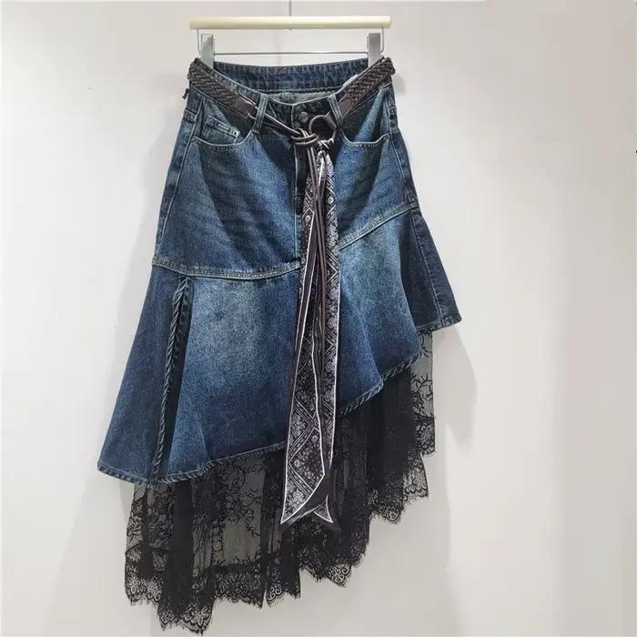 Jupes en jean pour femmes, mi-longues, coupe trapèze, taille haute, ajustées, avec volants, dentelle