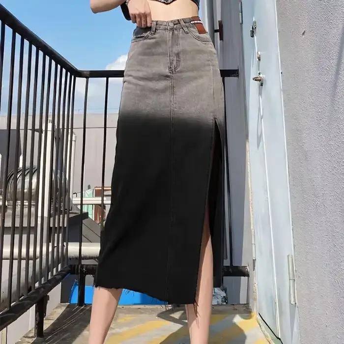 Chubby Gyaru femme jupe en jean taille haute avec fente jupes en jean bleu pour femmes nouveau dans 