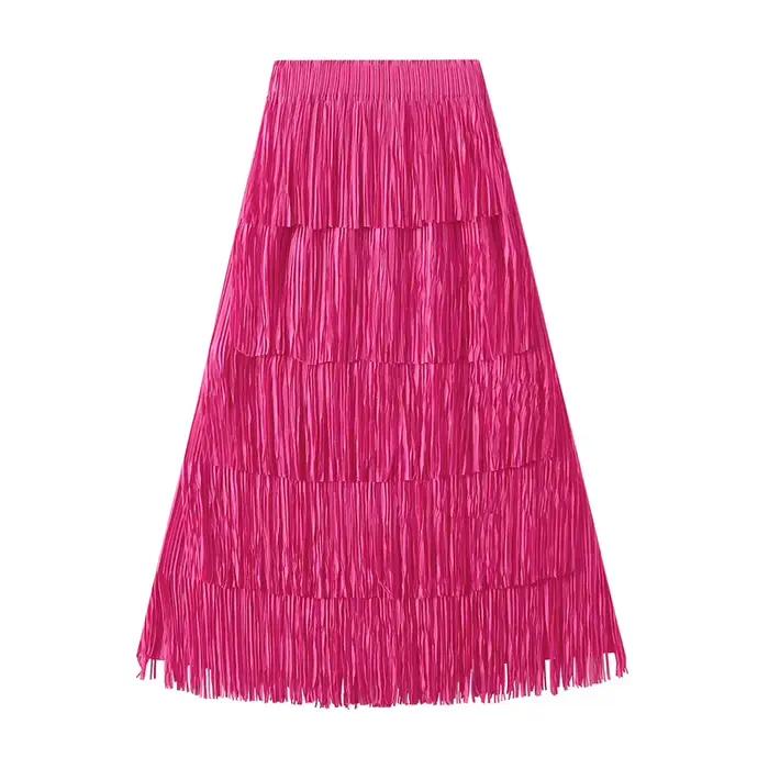 Jupe plissée haut de gamme à franges et patchwork pour femme, polyvalente et ajustée, mi-longue, jup