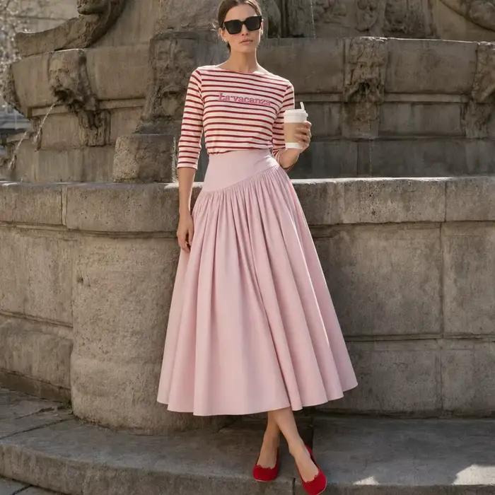 Jupe midi évasée rose poudré taille haute coupe trapèze avec taille asymétrique froncée pour femme, 