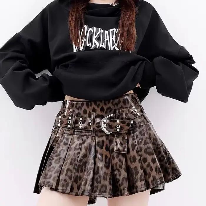 Jupe plissée en cuir Pu pour femmes, taille haute, rétro, Sexy, imprimé léopard, avec ceinture, nouv