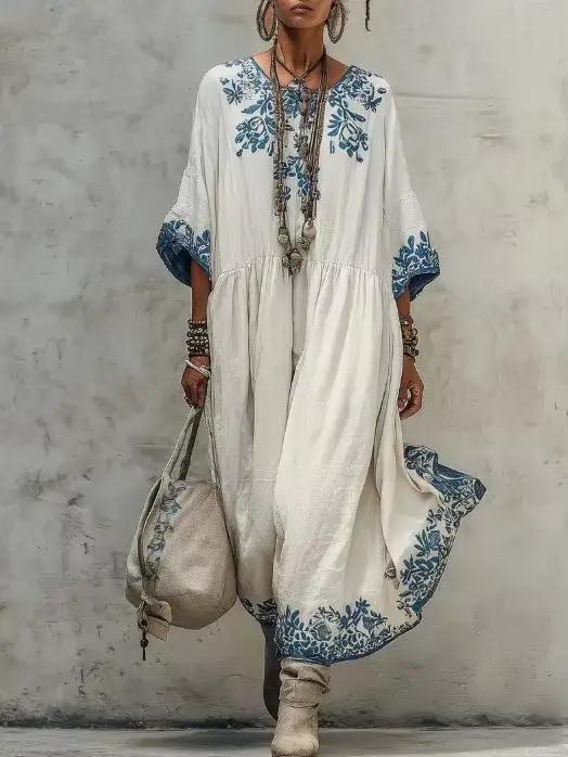 Robe longue ample à imprimé floral ethnique rétro, élégante pour l'été, col rond, taille haute, pour