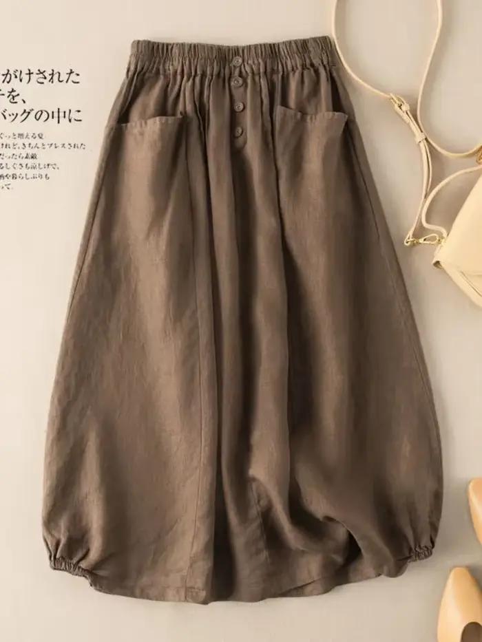 Jupe longue décontractée en coton et lin pour femme, coupe droite, couleur unie, boutonnée, collecti