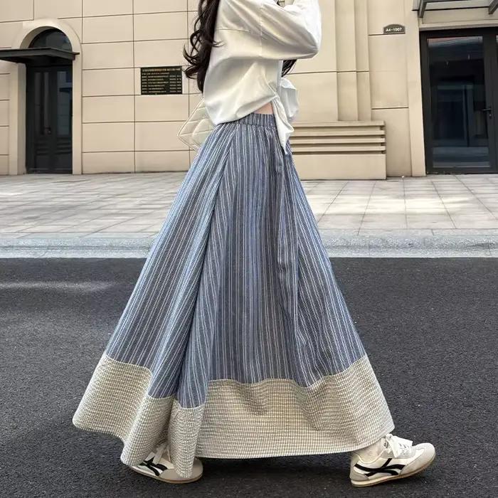 Jupe longue maxi évasée à rayures rétro japonaises pour femme, taille haute, style décontracté vinta