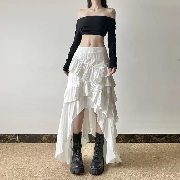 Jupe Longue à Volants Irrégulière et Simple, Taille Haute, Tempérament Blanc, Ligne A, Chic, Nouvell