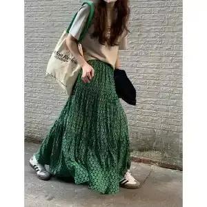 Jupe longue maxi vert floral pour femme, taille haute, fluide, à volants, longueur cheville, printem