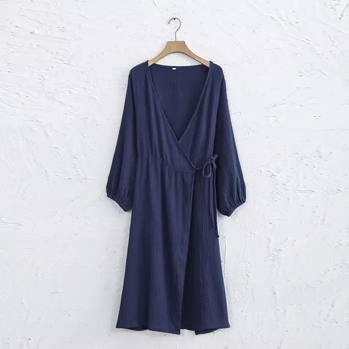 Robe longue en mousseline de coton 100% pour femme, sexy, col en V, à bandages, manches longues, rob