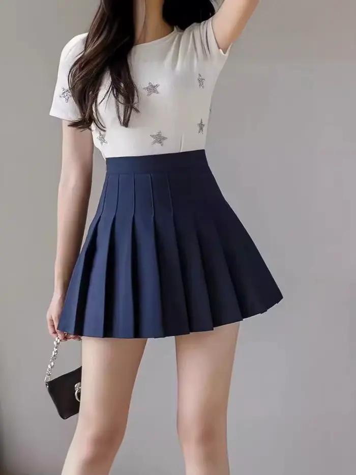 Mini jupe plissée avec short pour femmes, taille haute, ligne a, jupe patineuse, blanc, noir, rose, 