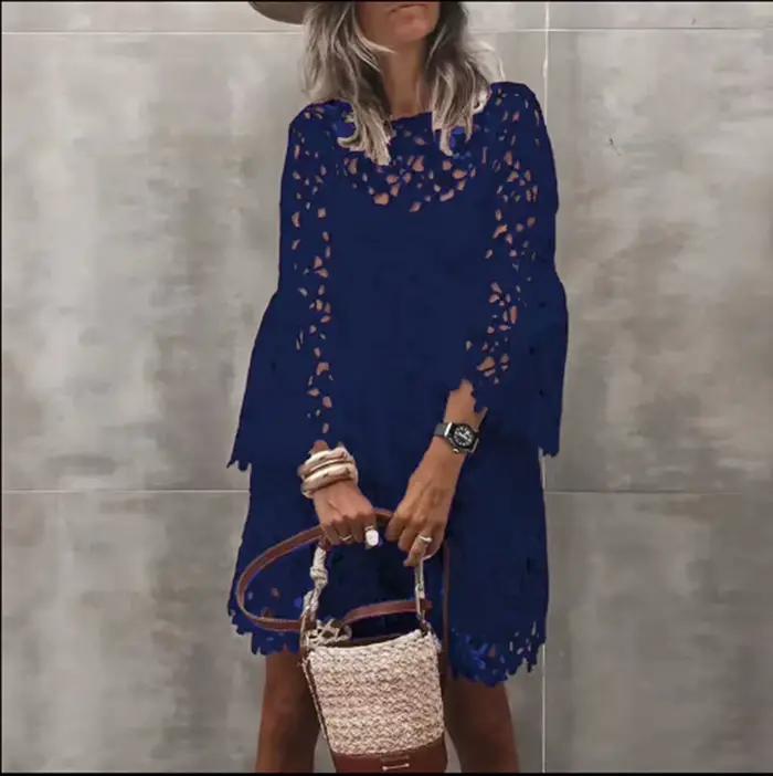 Robe d'automne de couleur unie pour femmes, Style ethnique, Sexy, dentelle, fleur creuse, tempéramen