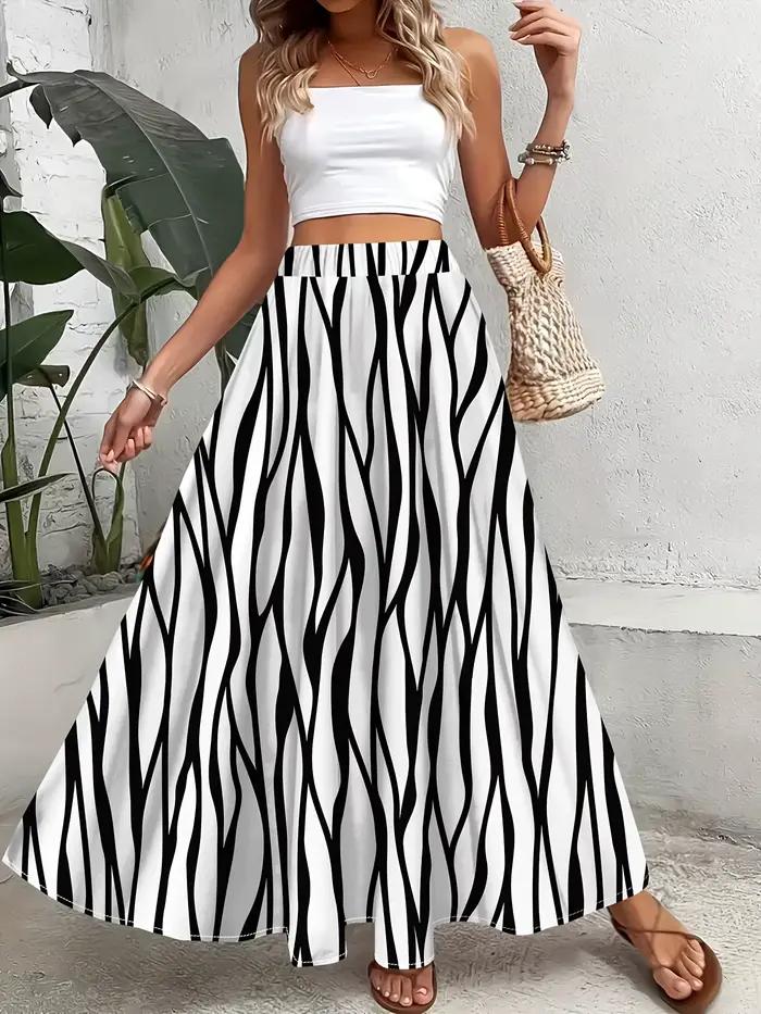 Jupe imprimée zèbre pour femme, jupe mi-longue décontractée taille haute style vacances, jupe de fêt