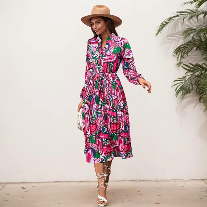 Jupe plissée de style bohème pour femmes, nouvelle collection d'automne, à la mode, col en V, taille