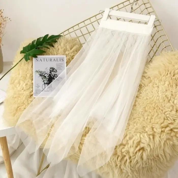 Jupe longue élégante en dentelle transparente et tulle noir et blanc, jupe irrégulière pour femme