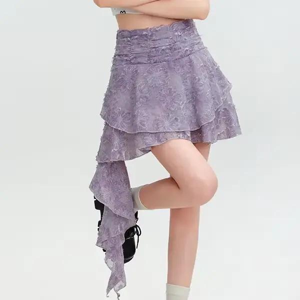 Jupe brodée florale violette pour femmes, taille haute, ourlet asymétrique à volants, jupe courte ir