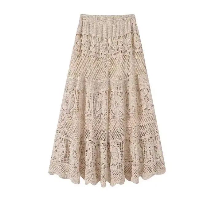 Jupe mi-longue Vintage pour femmes, tricotée, taille haute, ajourée, motif Floral, en dentelle, élég