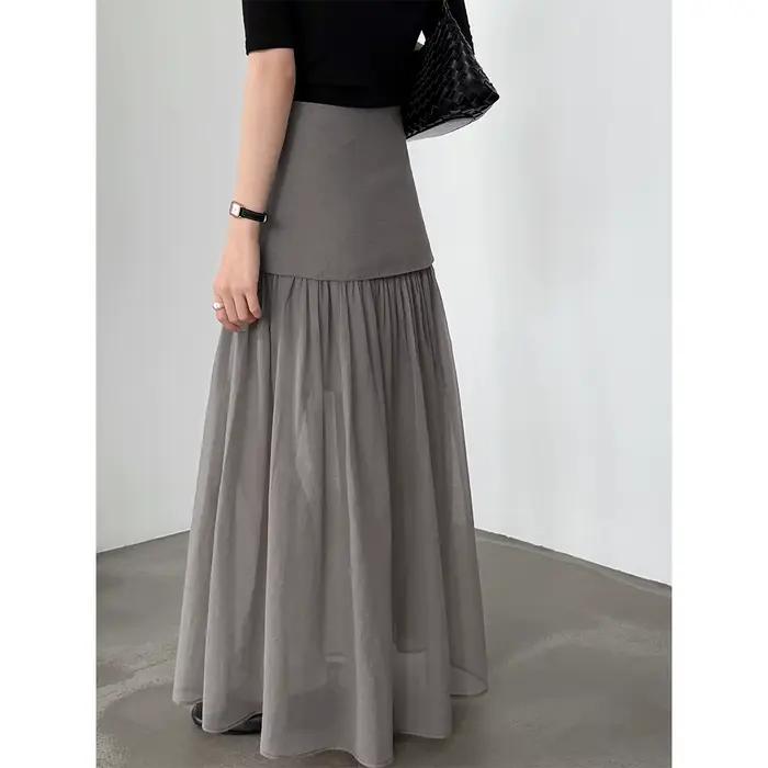 [EAM] Jupe longue trapèze élégante à taille haute en maille grise avec empiècements, pour femme, nou