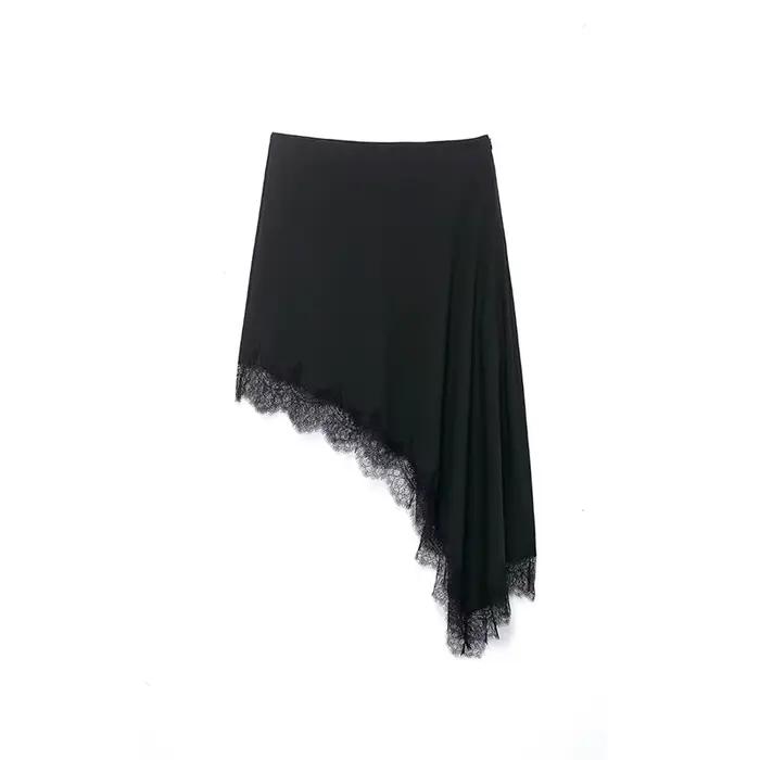 Willshela femmes mode solide dentelle ourlet asymétrique Mini jupe Vintage taille haute élastique fe