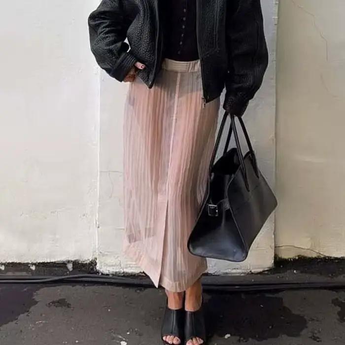 Jupes d'été roses Talenza pour femmes, jupes longues sexy à taille haute, transparentes, fendues, no