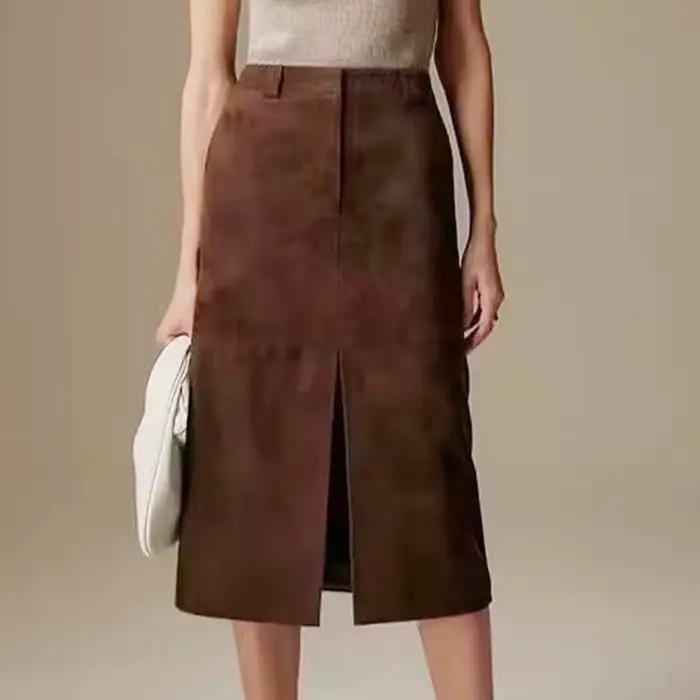 Jupe en cuir suédé pour femme, haute qualité, vieille monnaie, importée et améliorée, devant fendu, 