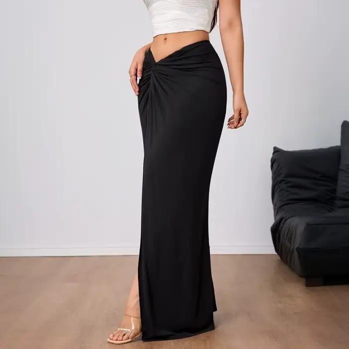 Jupe noire élégante pour femme, plis, taille haute, fente, jupe longue pour femme, tenue printemps-é