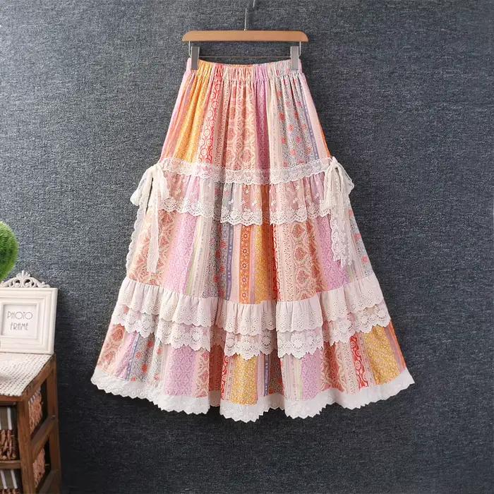 Doux Mori fille Vintage imprimé fleuri dentelle Patchwork à volants jupes femmes été taille élastiqu