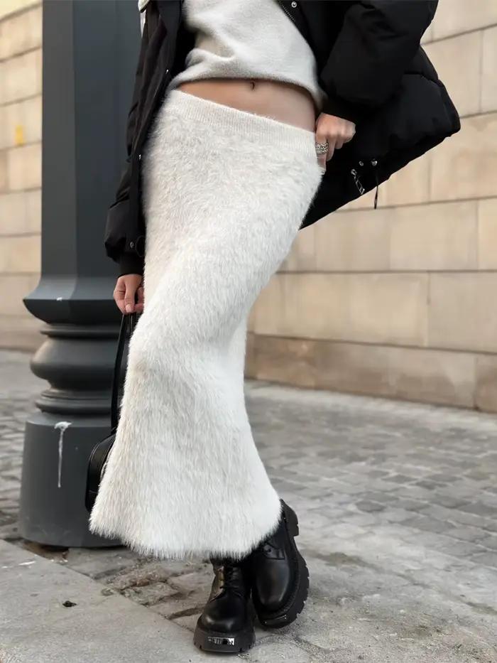 Jupe Maxi blanche moelleuse pour femmes, automne hiver, taille haute, Chic, Simple, droite, Streetwe