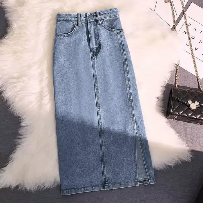 Femmes en détresse Denim jupe épissé enveloppement fesses jupes taille haute lavé solide cheville lo