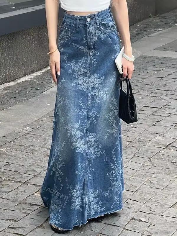 Jupe mi-longue en Denim à fleurs pour femmes, jupe longue trapèze fine et taille haute, ample et ami