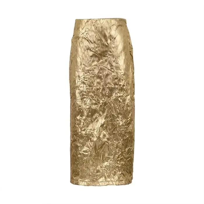 Jupe midi taille haute dorée pour femmes, streetwear élégant, vêtements féminins vintage, mode mince