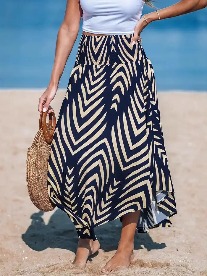 Nouvelle jupe de plage pour femme, imprimé géométrique, design froncé, parfaite pour les vacances d'
