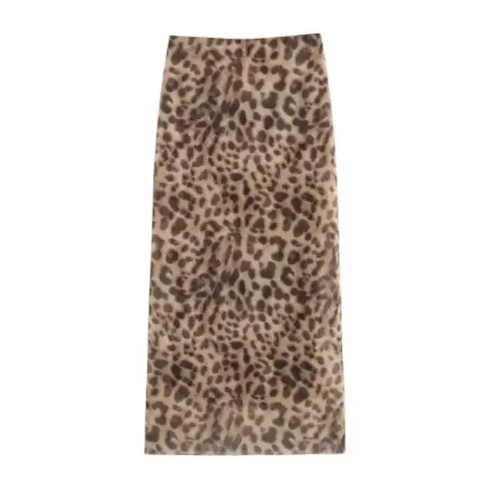 Jupe mi-longue en Tulle léopard pour femmes, mode d'été, taille haute, ceinture élastique, jupes lon