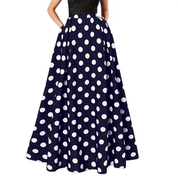 À pois évasé a-ligne femmes Maxi jupe a-ligne plissée jupes longues été dame Vintage taille élastiqu