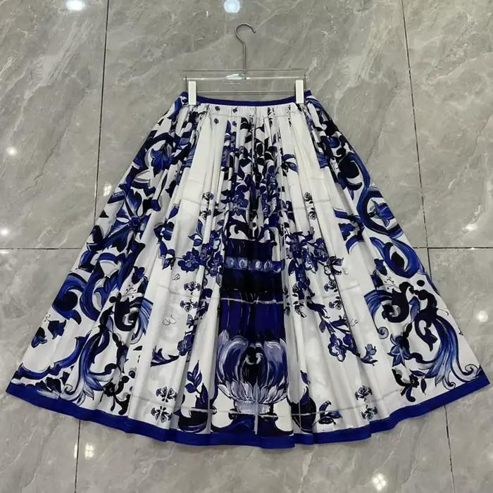 Boho 2 pièces ensemble femmes été 2025 bleu porcelaine imprimé haut et coton jupe Maxi concepteur pl