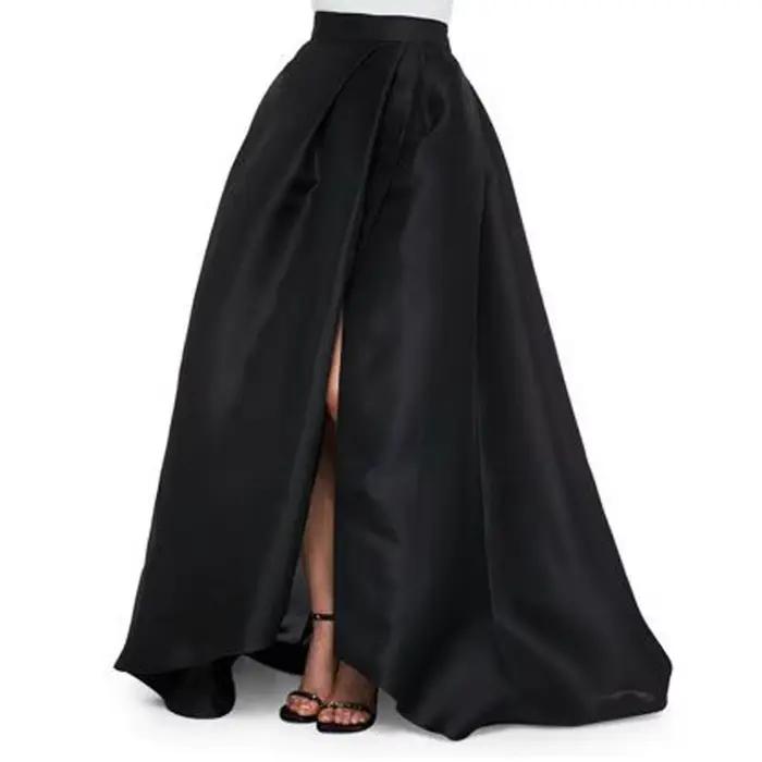 Jupe Longue en Satin Noir Sexy pour Femme, Nouveau Design, Fente Latérale, Chic, Fermeture Éclair In
