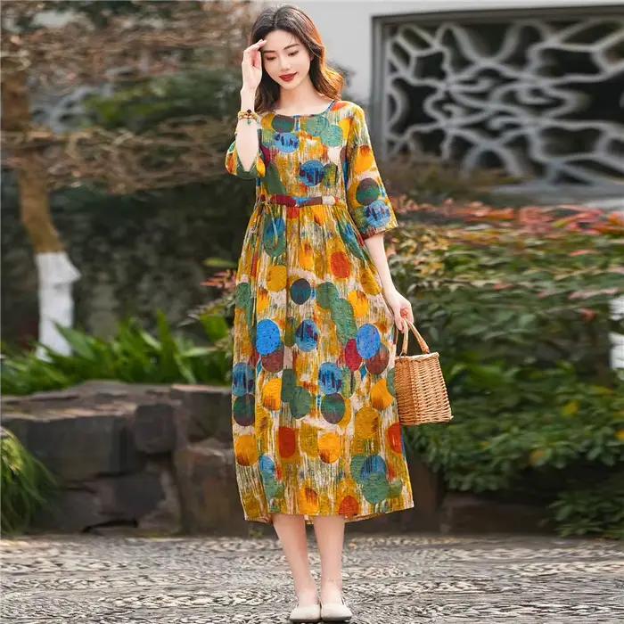 Robe longue en coton à manches mi-longues pour femmes, imprimé floral, lin, vintage, mode, vacances,
