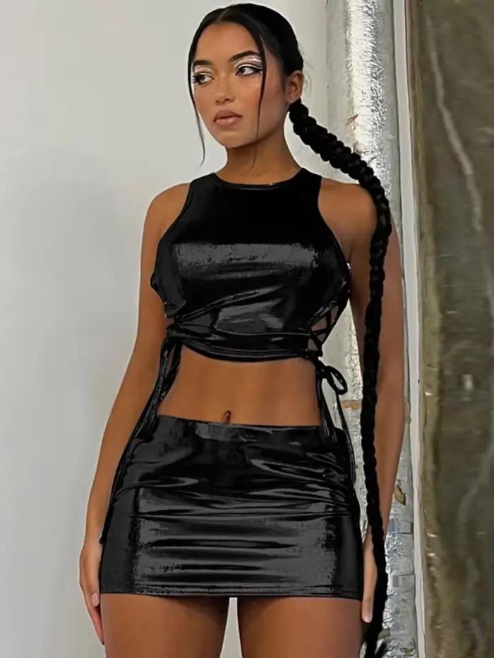 Mini jupe métallique évidée pour femmes, vêtements de festival, ensembles de tenues 2 pièces, chaud