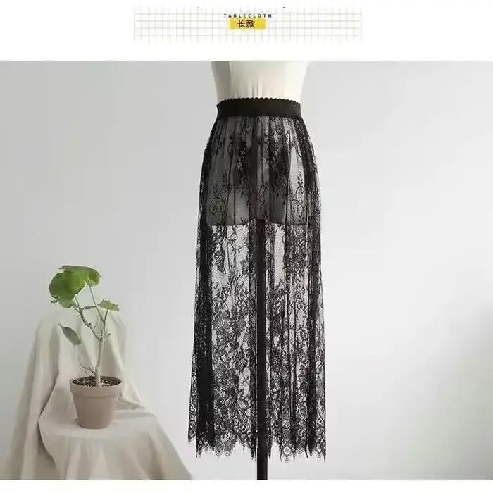 Jupe longue transparente en tulle et dentelle pour femme, style coréen, sexy, taille haute élastique