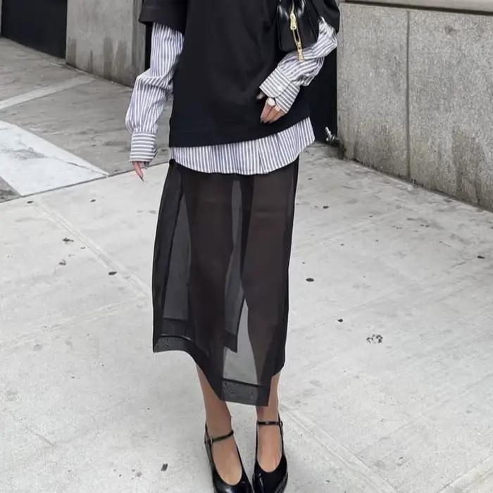 Jupes longues transparentes d'été pour femmes, taille haute, amples, style bureau, streetwear, colle