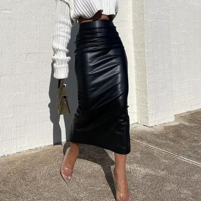 Jupe mi-longue fendue en Faux cuir pour femmes, slim, noire, Sexy, longue, Club Y2K, taille haute, m