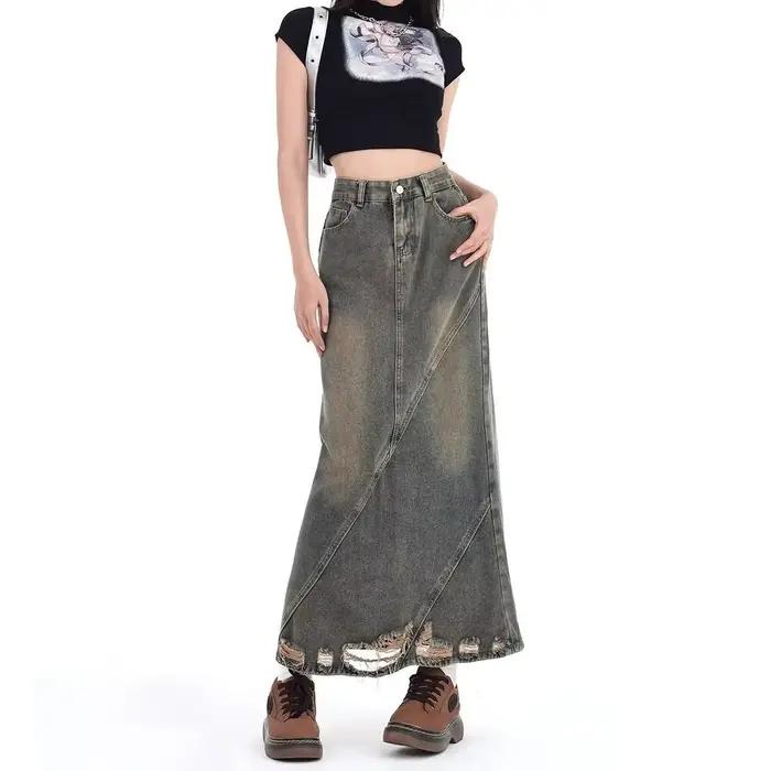 Jupe en jean taille haute rétro pour femmes, nouveau style pour printemps/été 2025, jupe longue trap