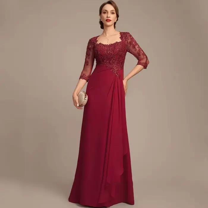 Robes de mariée pour mère de la mariée en bordeaux, manches 3/4, robes de soirée pour femmes, été, n
